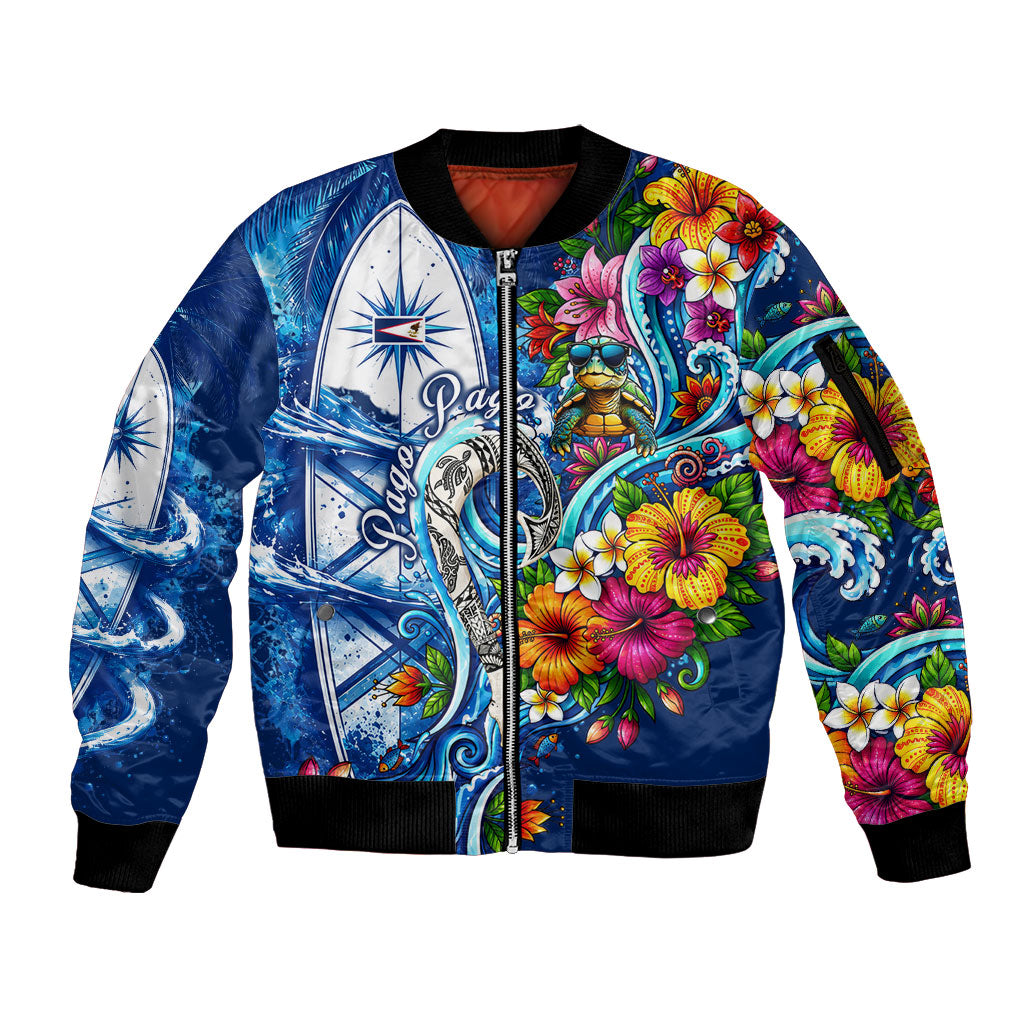 American Samoa Pago Pago Sleeve Zip Bomber Jacket Sea Turtle And Fruit Bat - Tropical Hibiscus Flowers Polynesian