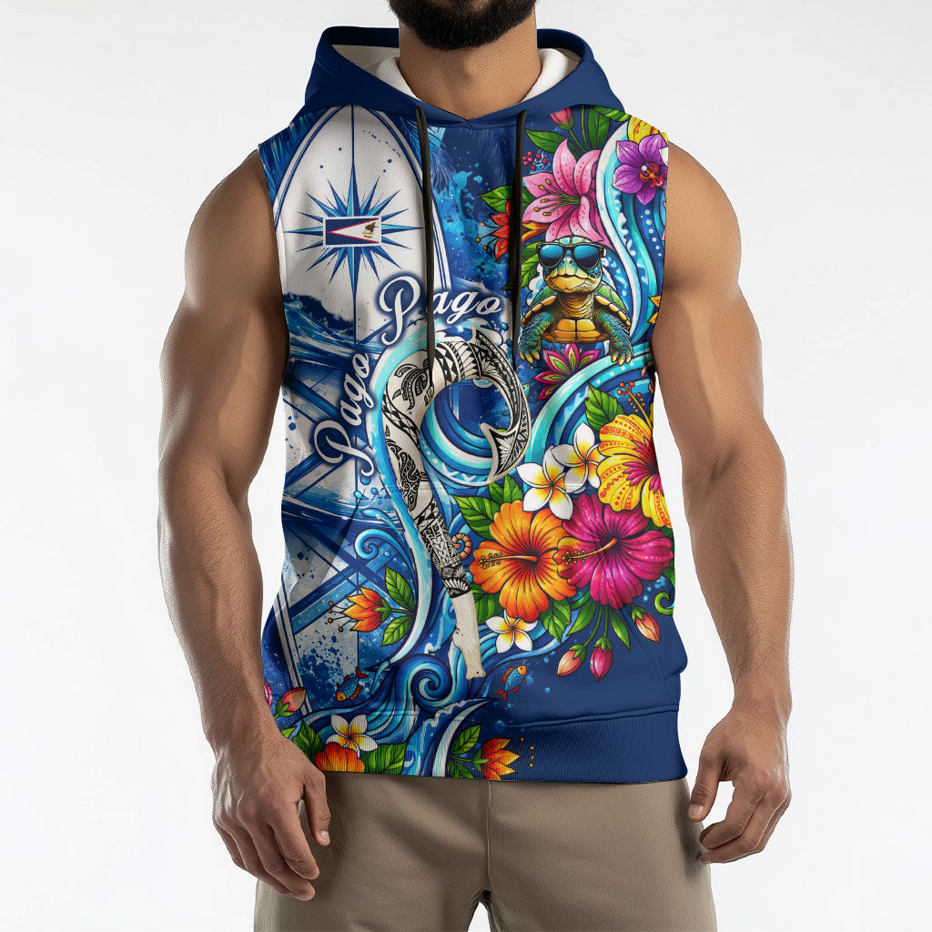 American Samoa Pago Pago Sleeveless Hoodie Sea Turtle And Fruit Bat - Tropical Hibiscus Flowers Polynesian