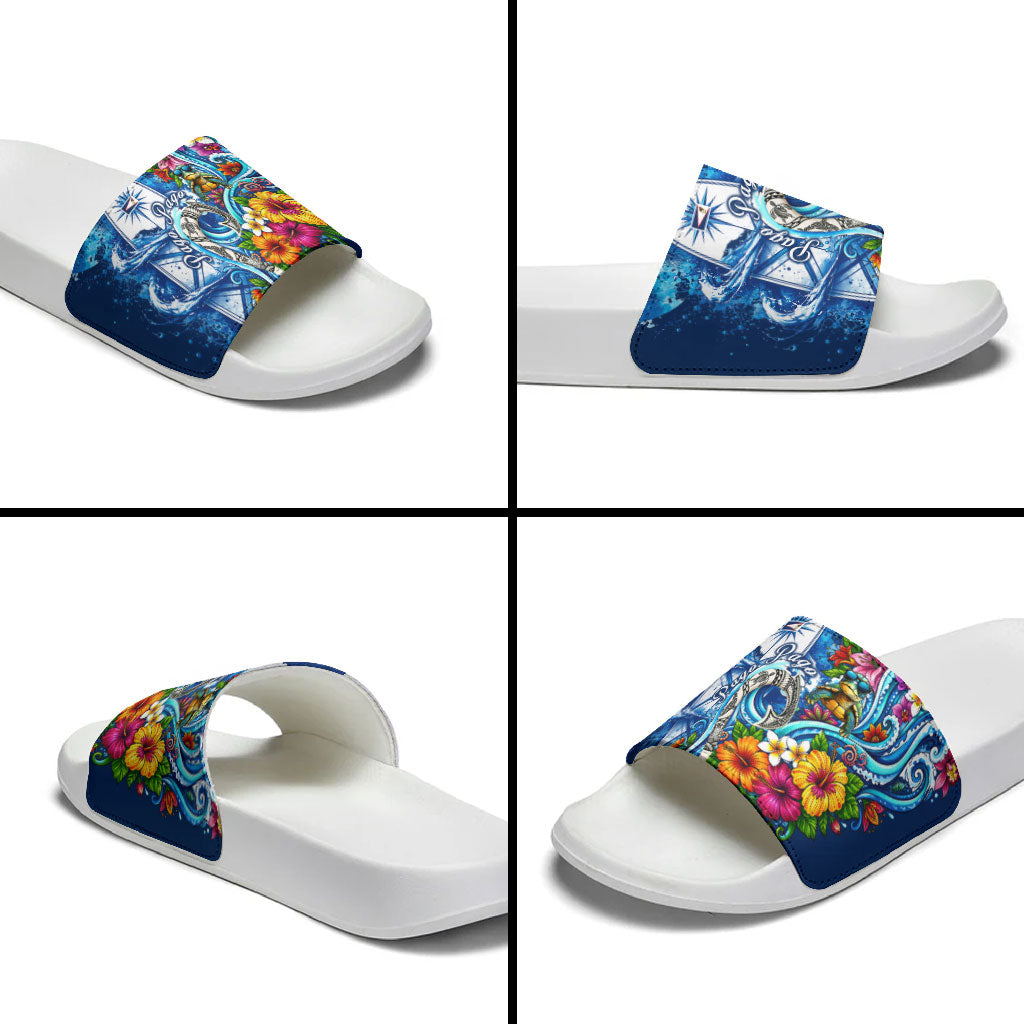 American Samoa Pago Pago Slide Sandals Sea Turtle And Fruit Bat - Tropical Hibiscus Flowers Polynesian