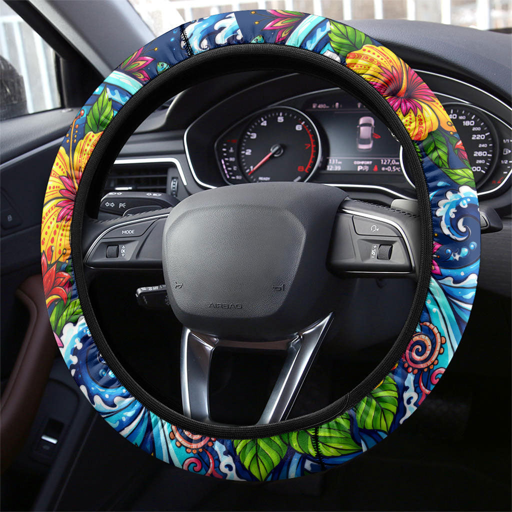 American Samoa Pago Pago Steering Wheel Cover Sea Turtle And Fruit Bat - Tropical Hibiscus Flowers Polynesian