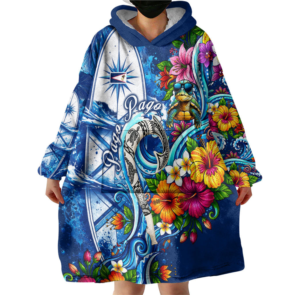 American Samoa Pago Pago Wearable Blanket Hoodie Sea Turtle And Fruit Bat - Tropical Hibiscus Flowers Polynesian