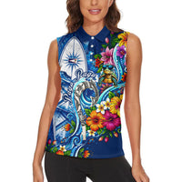 American Samoa Pago Pago Women Sleeveless Polo Shirt Sea Turtle And Fruit Bat - Tropical Hibiscus Flowers Polynesian