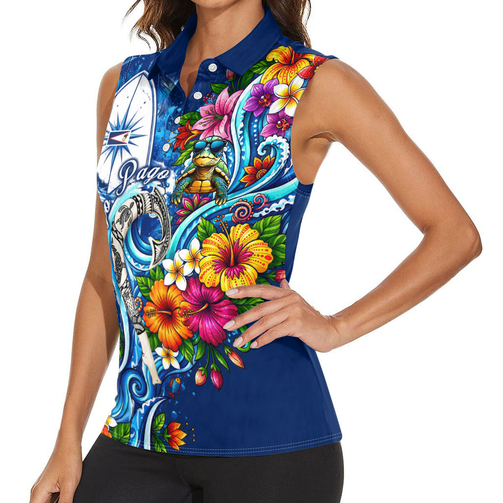 American Samoa Pago Pago Women Sleeveless Polo Shirt Sea Turtle And Fruit Bat - Tropical Hibiscus Flowers Polynesian
