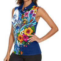 American Samoa Pago Pago Women Sleeveless Polo Shirt Sea Turtle And Fruit Bat - Tropical Hibiscus Flowers Polynesian