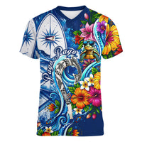 American Samoa Pago Pago Women V-Neck T-Shirt Sea Turtle And Fruit Bat - Tropical Hibiscus Flowers Polynesian