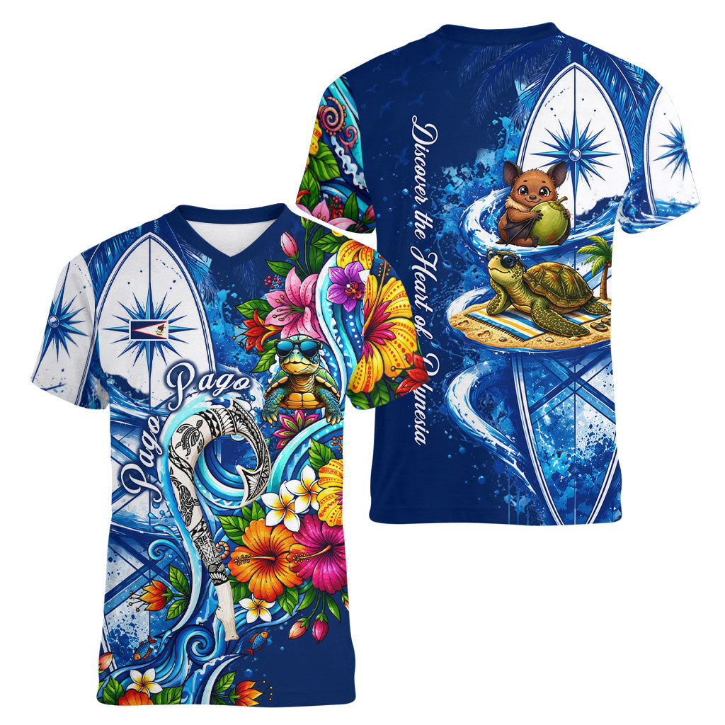 American Samoa Pago Pago Women V-Neck T-Shirt Sea Turtle And Fruit Bat - Tropical Hibiscus Flowers Polynesian
