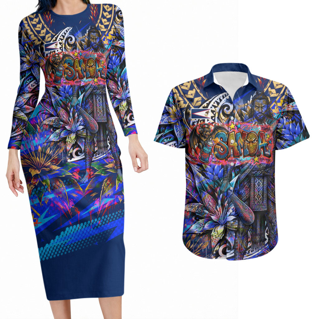American Samoa Warrior Couples Matching Long Sleeve Bodycon Dress and Hawaiian Shirt Polynesian Fruit Bat Talofa Urban Graffiti Street Art
