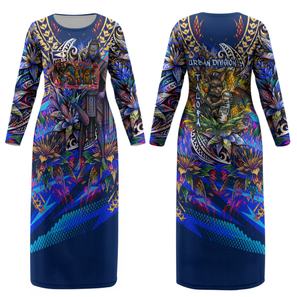 American Samoa Warrior Couples Matching Long Sleeve Bodycon Dress and Long Sleeve Button Shirt Polynesian Fruit Bat Talofa Urban Graffiti Street Art