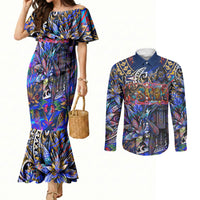 American Samoa Warrior Couples Matching Mermaid Dress and Long Sleeve Button Shirt Polynesian Fruit Bat Talofa Urban Graffiti Street Art