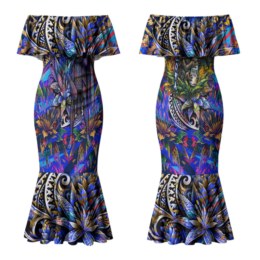 American Samoa Warrior Couples Matching Mermaid Dress and Long Sleeve Button Shirt Polynesian Fruit Bat Talofa Urban Graffiti Street Art