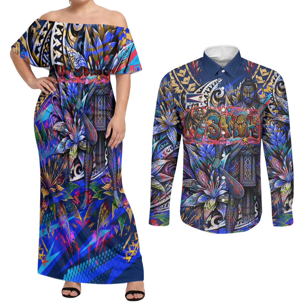 American Samoa Warrior Couples Matching Off Shoulder Maxi Dress and Long Sleeve Button Shirt Polynesian Fruit Bat Talofa Urban Graffiti Street Art