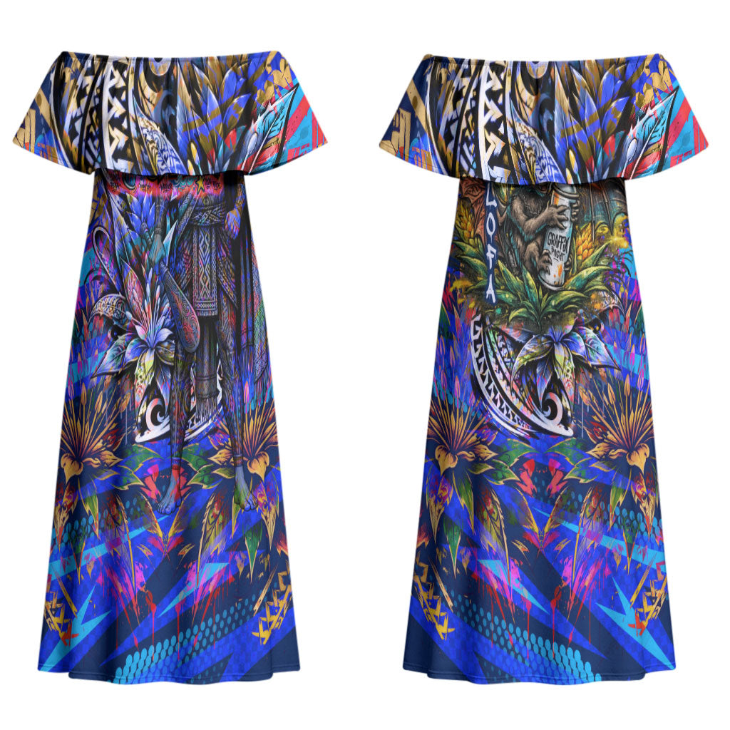 American Samoa Warrior Couples Matching Off Shoulder Maxi Dress and Long Sleeve Button Shirt Polynesian Fruit Bat Talofa Urban Graffiti Street Art