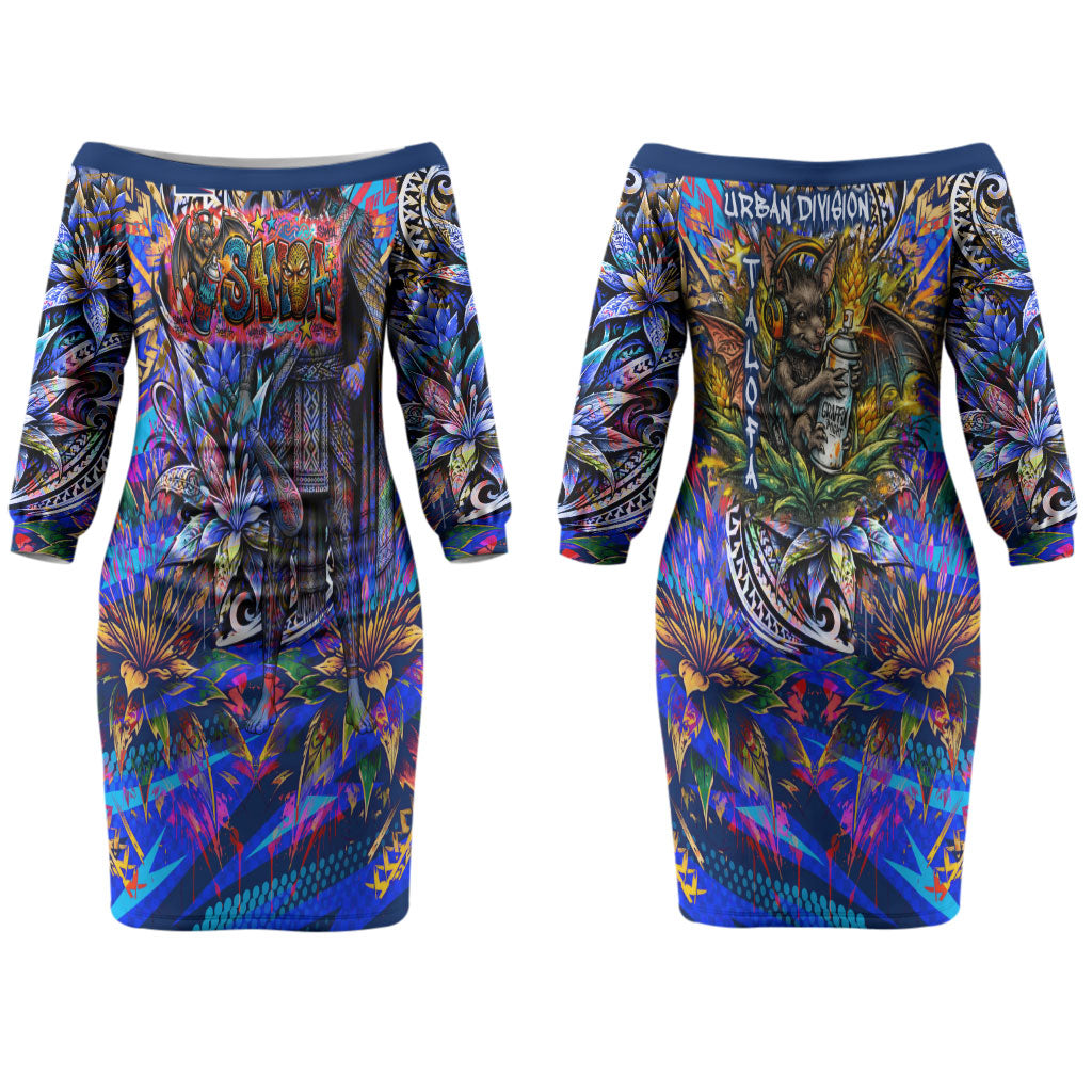 American Samoa Warrior Couples Matching Off The Shoulder Long Sleeve Dress and Long Sleeve Button Shirt Polynesian Fruit Bat Talofa Urban Graffiti Street Art