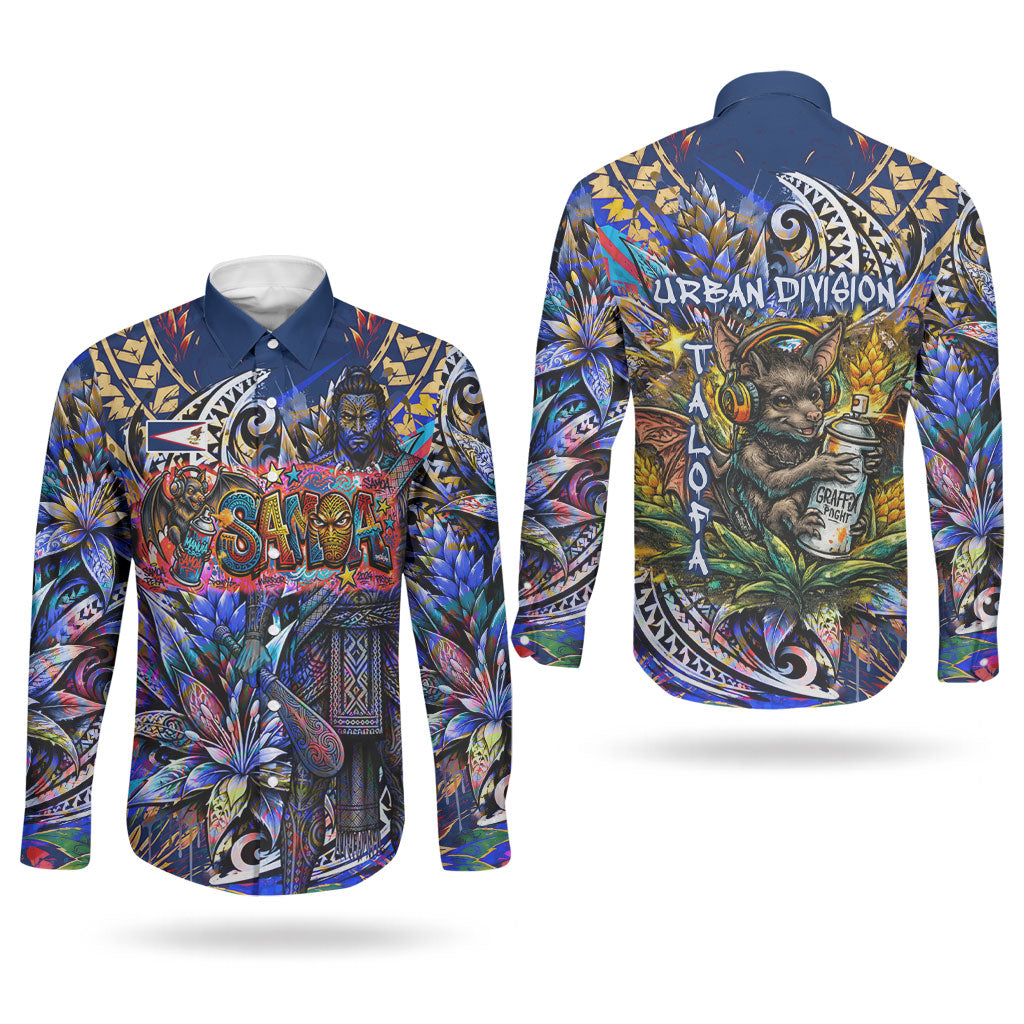 American Samoa Warrior Couples Matching Puletasi and Long Sleeve Button Shirt Polynesian Fruit Bat Talofa Urban Graffiti Street Art