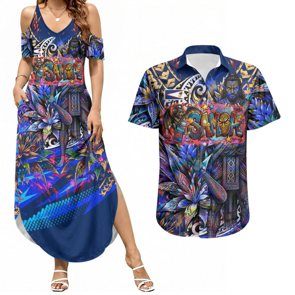 American Samoa Warrior Couples Matching Summer Maxi Dress and Hawaiian Shirt Polynesian Fruit Bat Talofa Urban Graffiti Street Art