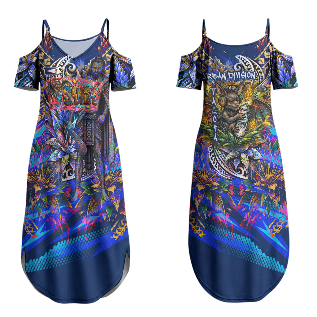 American Samoa Warrior Couples Matching Summer Maxi Dress and Hawaiian Shirt Polynesian Fruit Bat Talofa Urban Graffiti Street Art