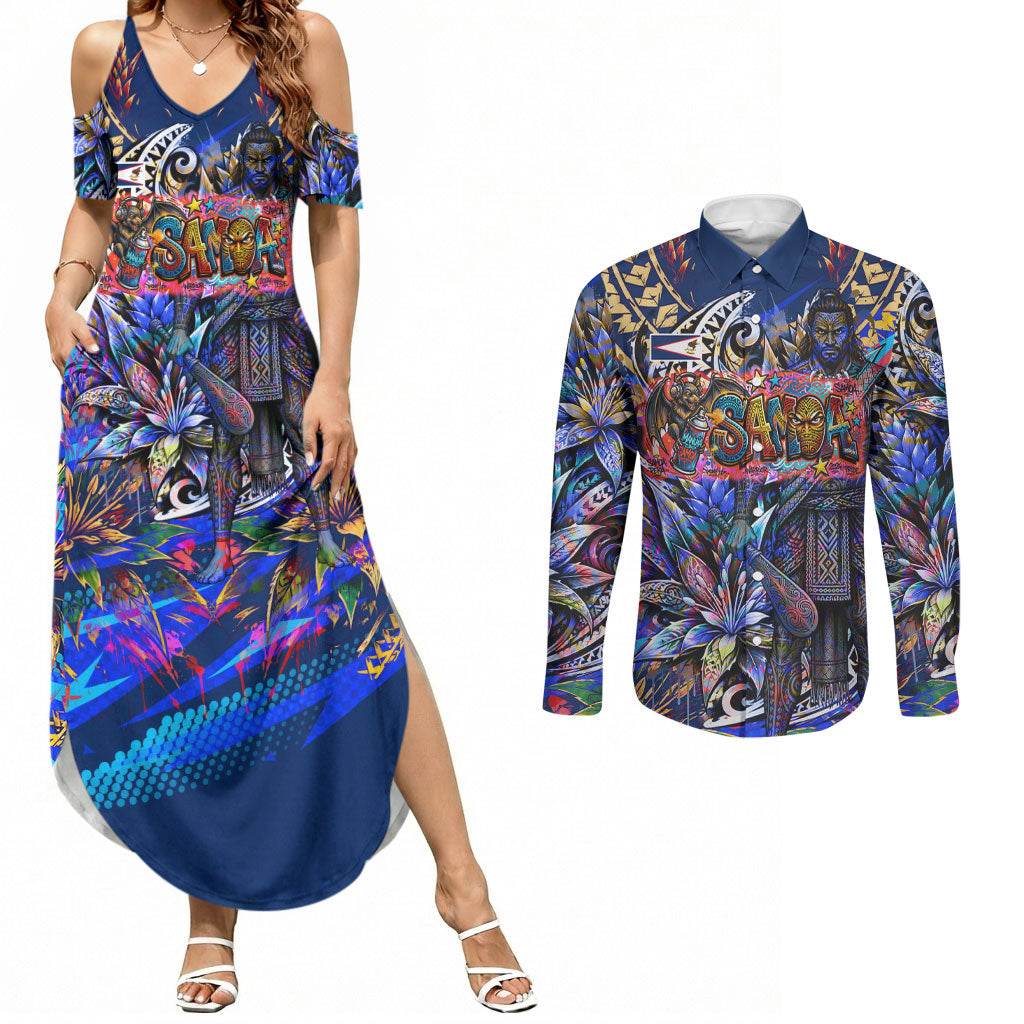 American Samoa Warrior Couples Matching Summer Maxi Dress and Long Sleeve Button Shirt Polynesian Fruit Bat Talofa Urban Graffiti Street Art