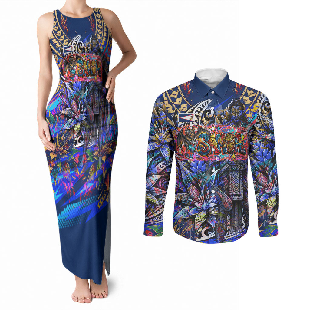 American Samoa Warrior Couples Matching Tank Maxi Dress and Long Sleeve Button Shirt Polynesian Fruit Bat Talofa Urban Graffiti Street Art TS04 Blue Yellow - Polynesian Pride