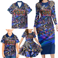 American Samoa Warrior Family Matching Long Sleeve Bodycon Dress and Hawaiian Shirt Polynesian Fruit Bat Talofa Urban Graffiti Street Art