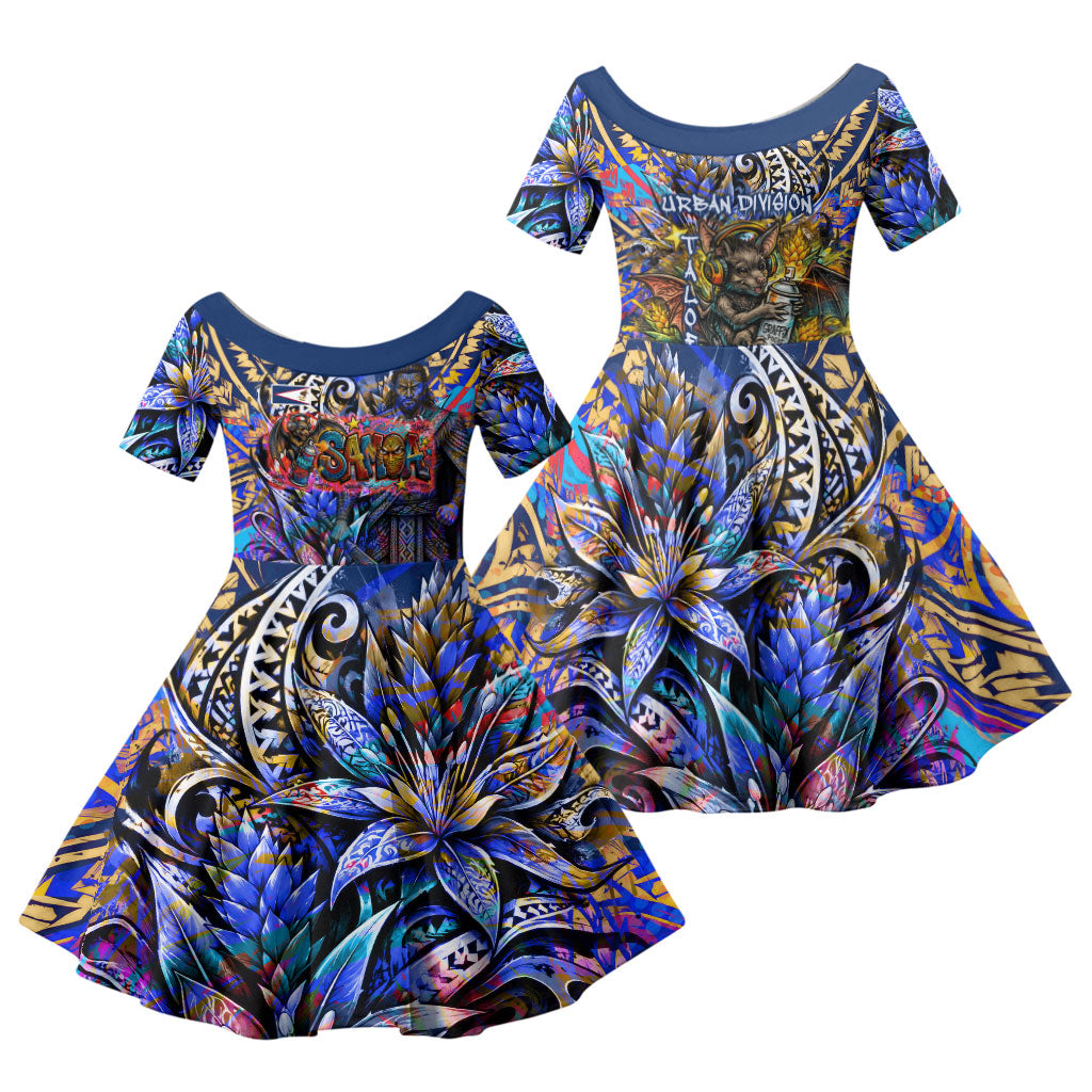 American Samoa Warrior Family Matching Off The Shoulder Long Sleeve Dress and Hawaiian Shirt Polynesian Fruit Bat Talofa Urban Graffiti Street Art
