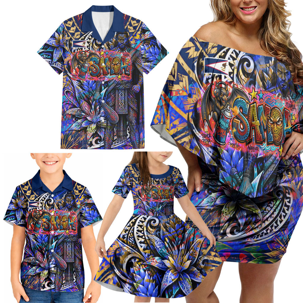 American Samoa Warrior Family Matching Off Shoulder Short Dress and Hawaiian Shirt Polynesian Fruit Bat Talofa Urban Graffiti Street Art