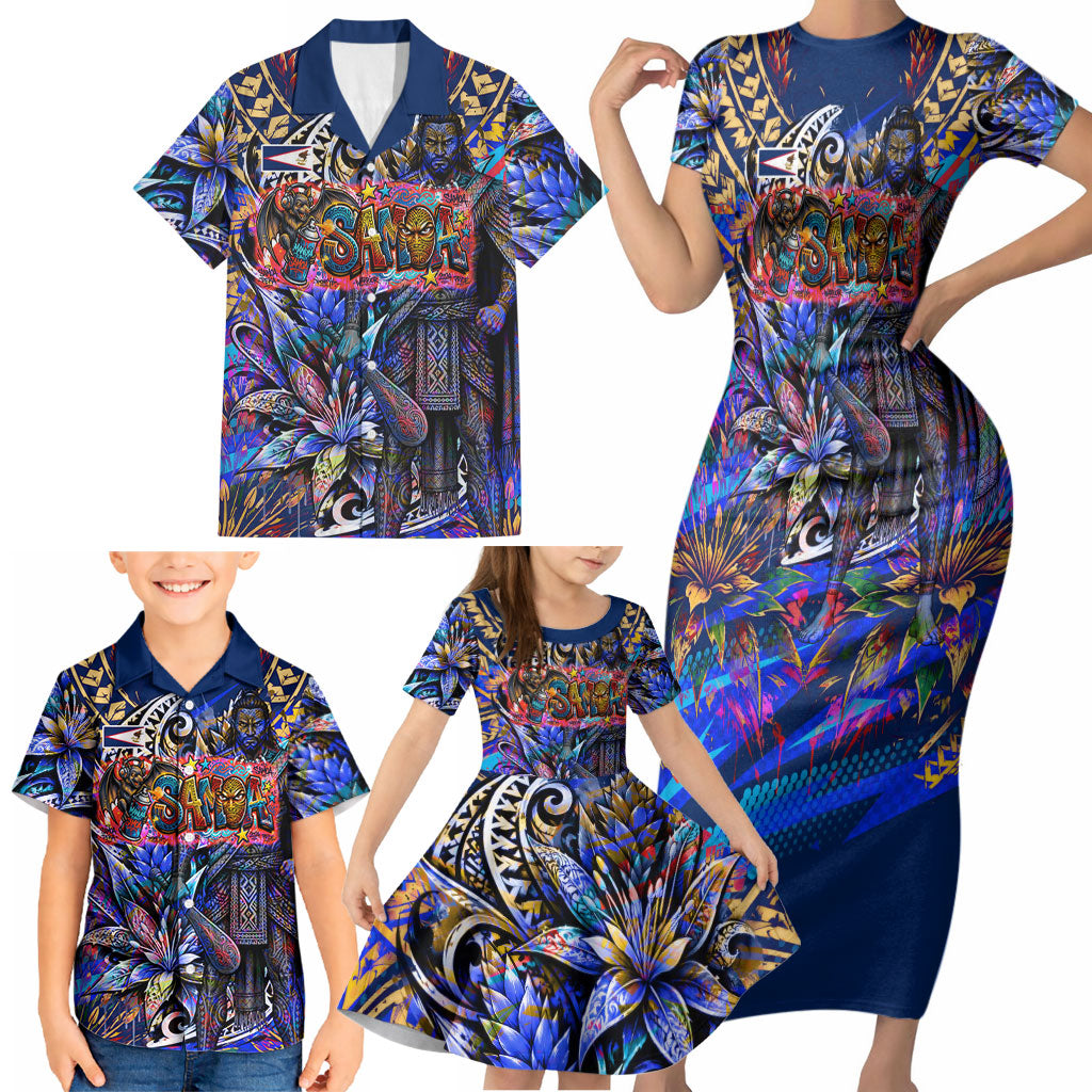 American Samoa Warrior Family Matching Short Sleeve Bodycon Dress and Hawaiian Shirt Polynesian Fruit Bat Talofa Urban Graffiti Street Art