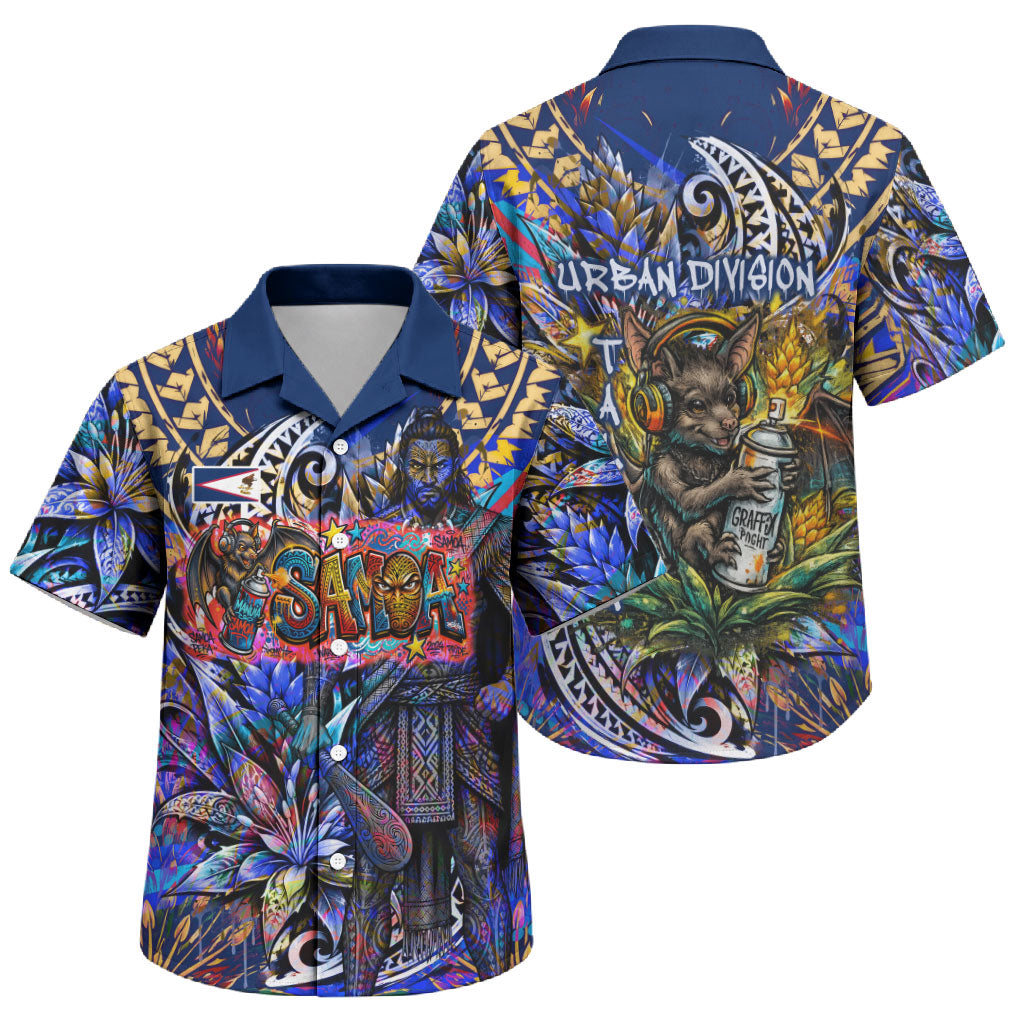 American Samoa Warrior Family Matching Short Sleeve Bodycon Dress and Hawaiian Shirt Polynesian Fruit Bat Talofa Urban Graffiti Street Art