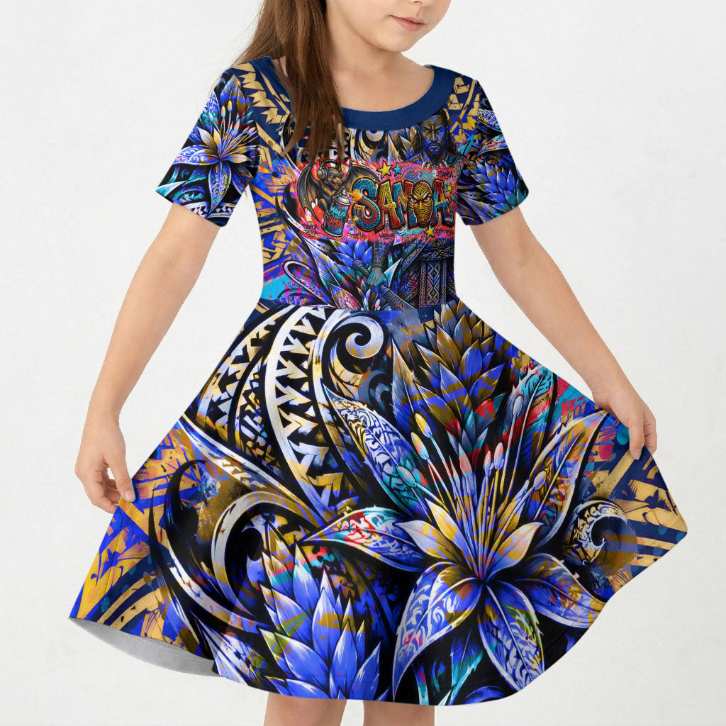 American Samoa Warrior Kid Short Sleeve Dress Polynesian Fruit Bat Talofa Urban Graffiti Street Art