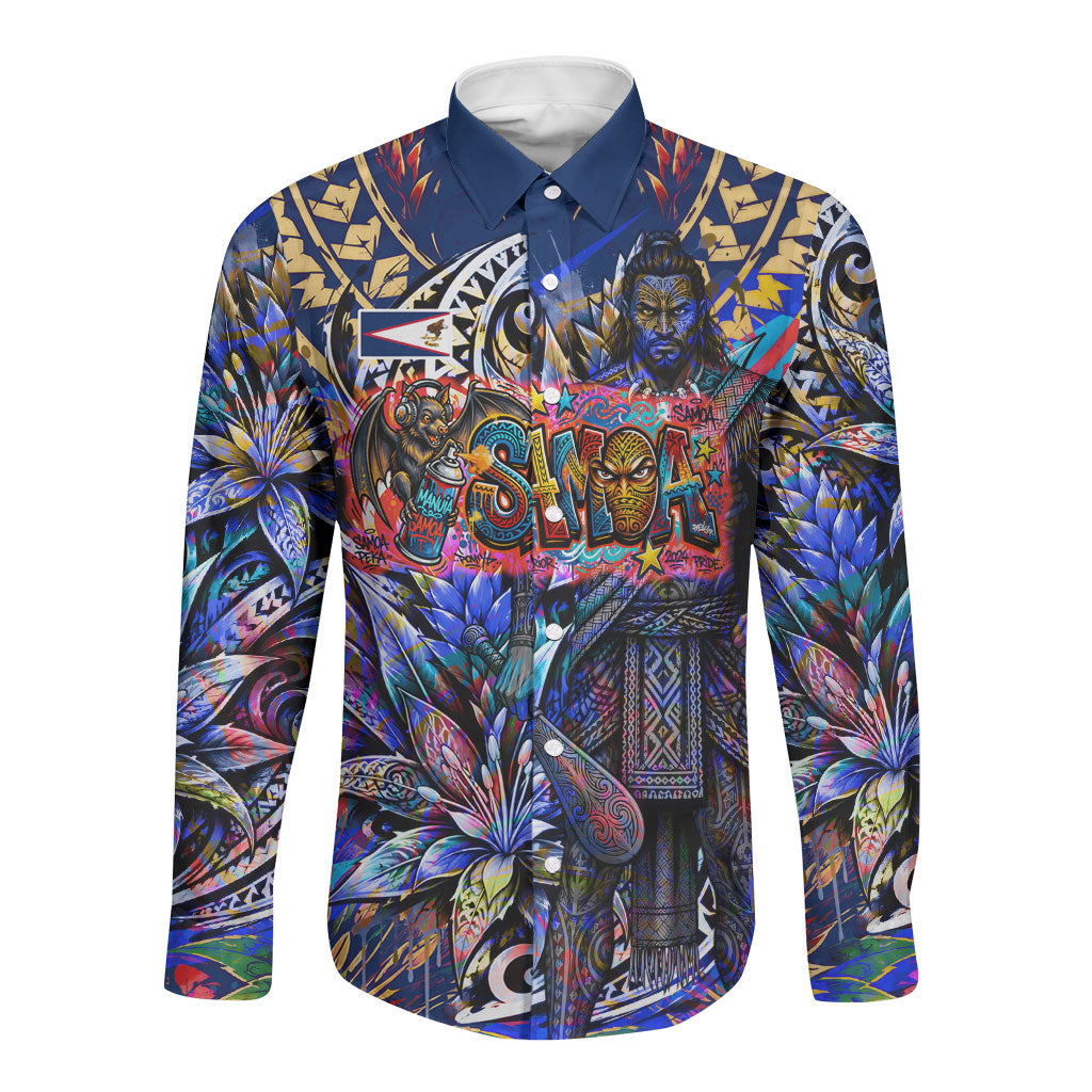 American Samoa Warrior Long Sleeve Button Shirt Polynesian Fruit Bat Talofa Urban Graffiti Street Art