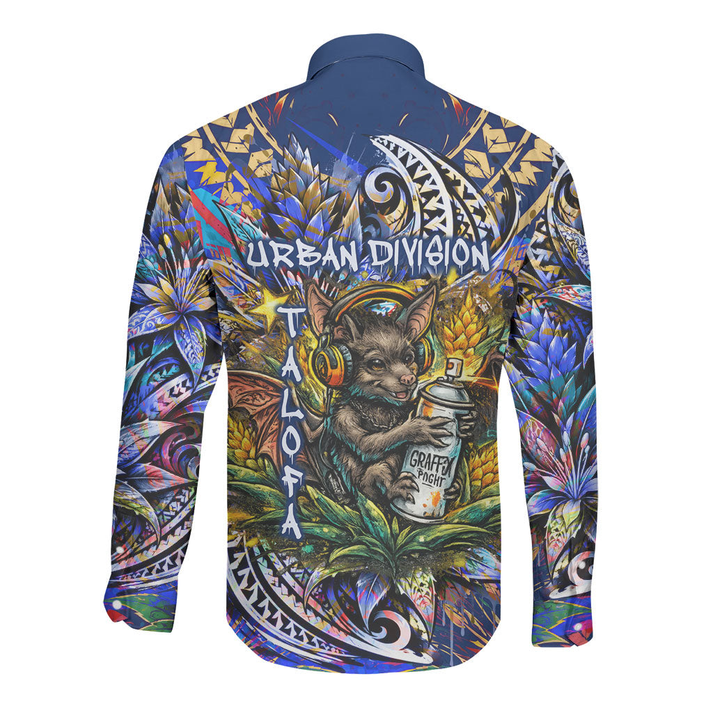 American Samoa Warrior Long Sleeve Button Shirt Polynesian Fruit Bat Talofa Urban Graffiti Street Art