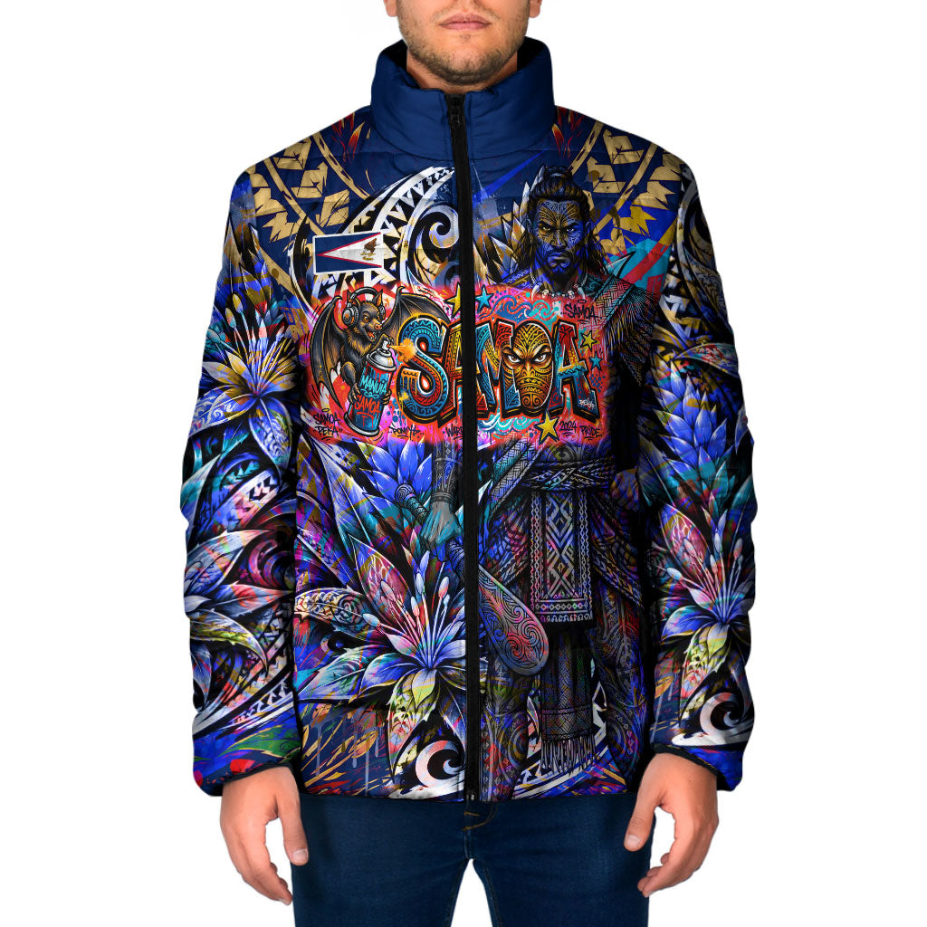American Samoa Warrior Padded Jacket Polynesian Fruit Bat Talofa Urban Graffiti Street Art TS04 Men Blue Yellow - Polynesian Pride