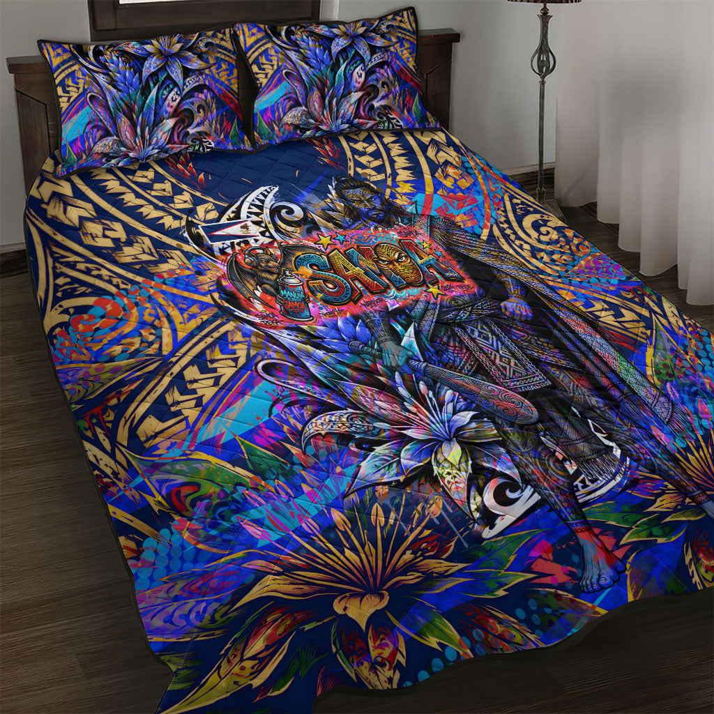 American Samoa Warrior Quilt Bed Set Polynesian Fruit Bat Talofa Urban Graffiti Street Art TS04 Blue Yellow - Polynesian Pride