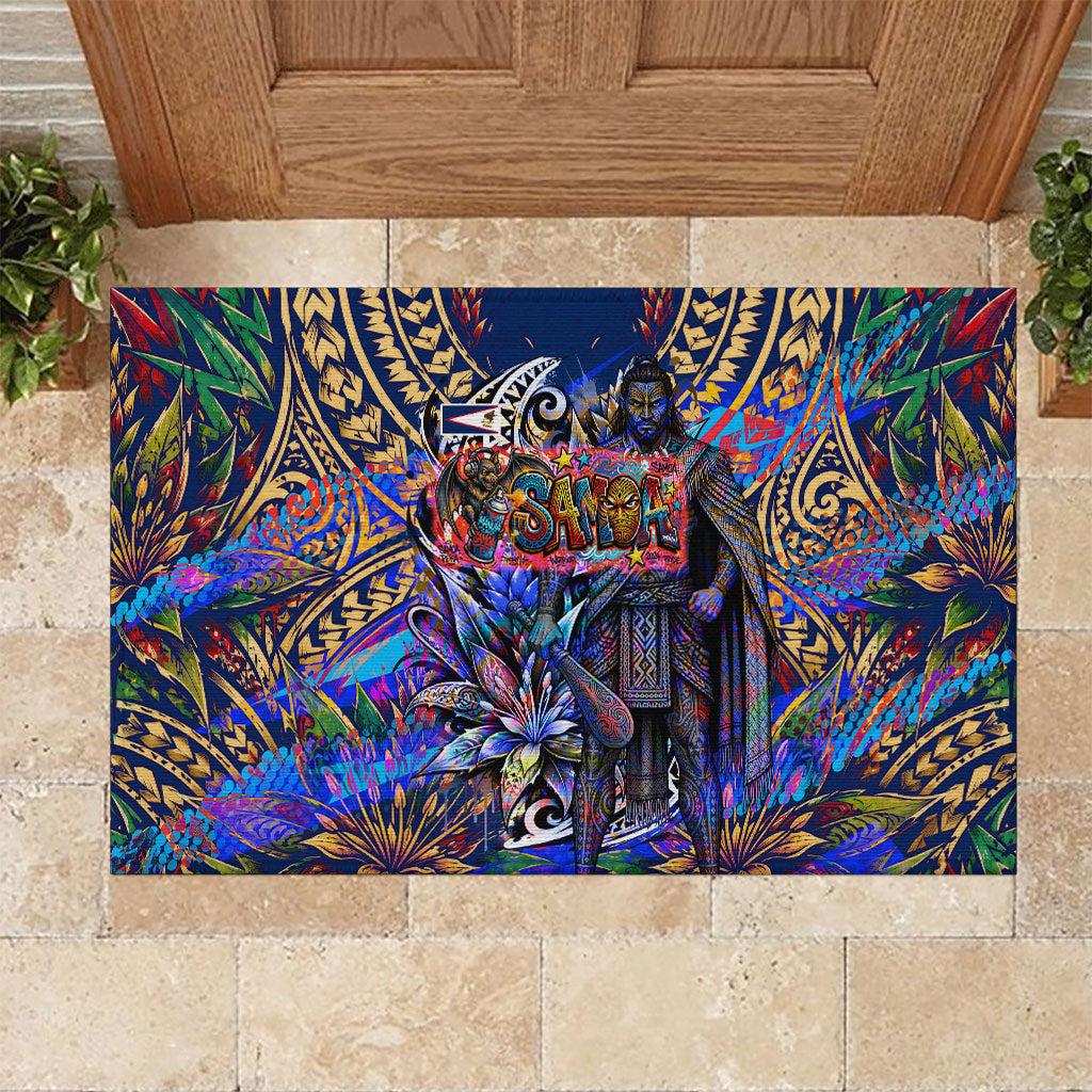 American Samoa Warrior Rubber Doormat Polynesian Fruit Bat Talofa Urban Graffiti Street Art TS04 Blue Yellow - Polynesian Pride
