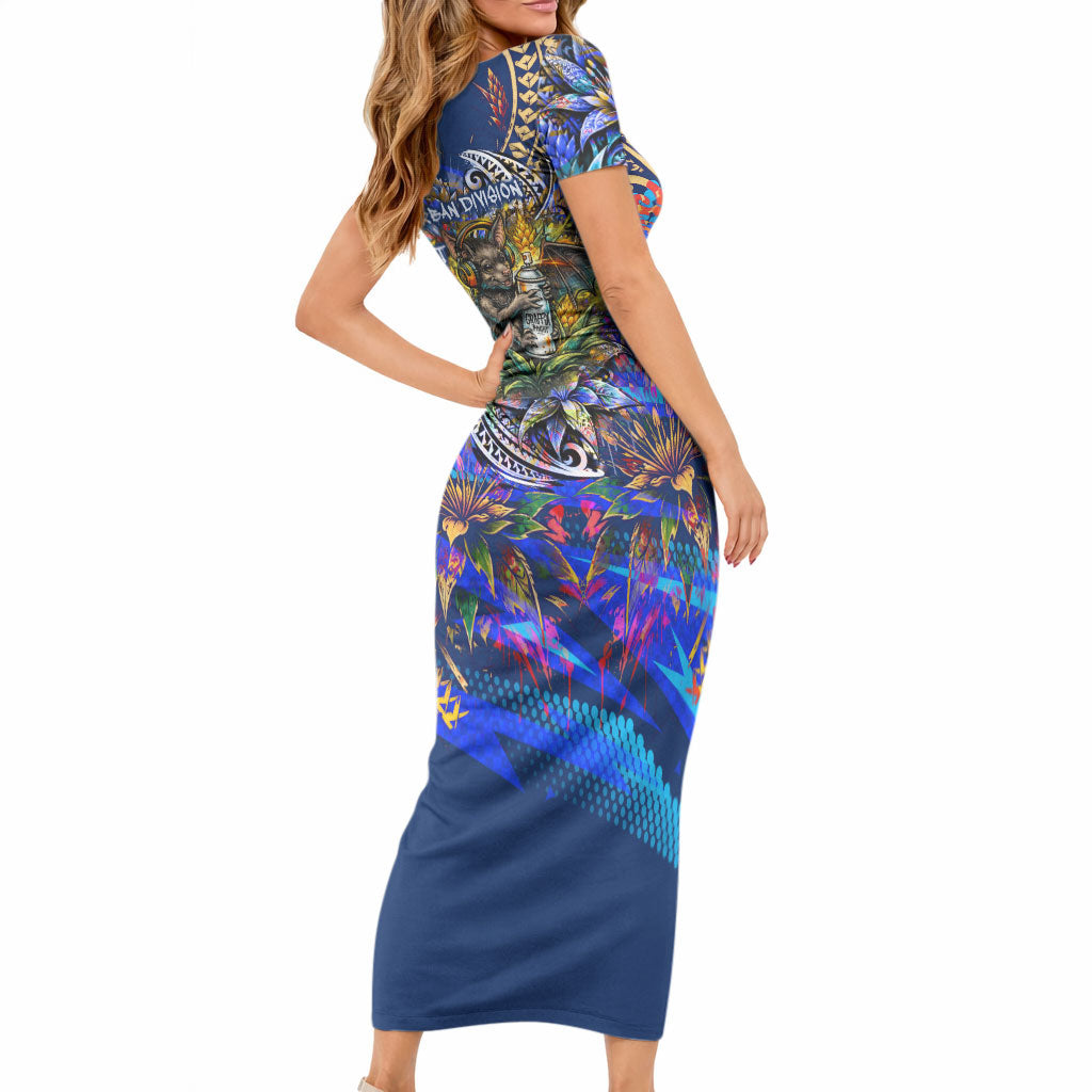 American Samoa Warrior Short Sleeve Bodycon Dress Polynesian Fruit Bat Talofa Urban Graffiti Street Art