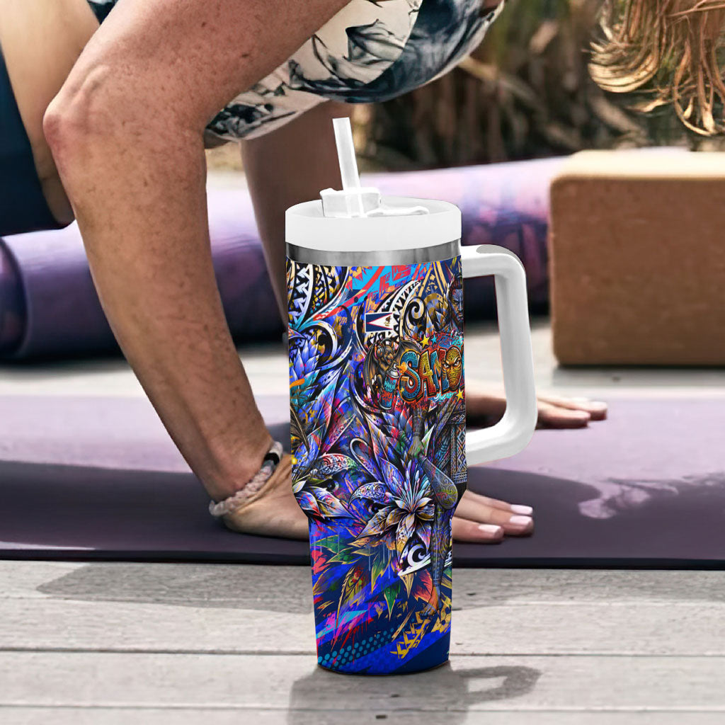 American Samoa Warrior Tumbler With Handle Polynesian Fruit Bat Talofa Urban Graffiti Street Art