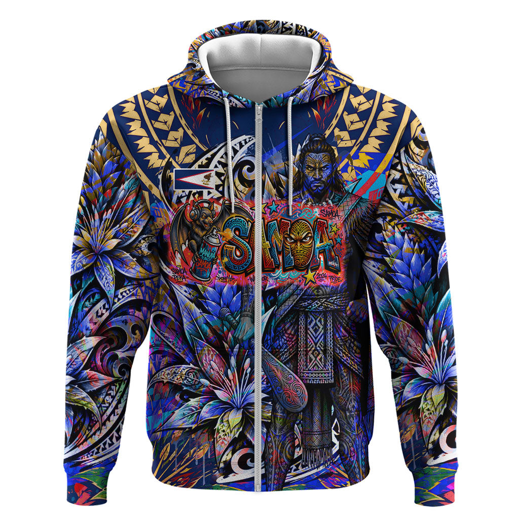 American Samoa Warrior Zip Hoodie Polynesian Fruit Bat Talofa Urban Graffiti Street Art TS04 Zip Hoodie Blue Yellow - Polynesian Pride