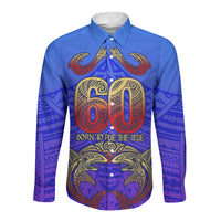 Personalized Polynesian 60th Birthday Long Sleeve Button Shirt Polynesian Tribal Art Vintage Ocean Pattern TS04 Unisex Blue Yellow - Polynesian Pride