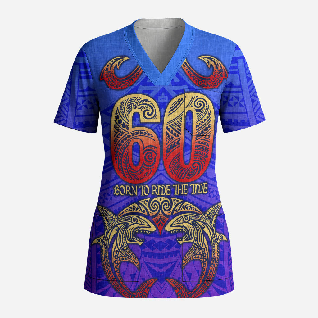 Personalized Polynesian 60th Birthday Scrub Top Polynesian Tribal Art Vintage Ocean Pattern TS04 Adult Blue Yellow - Polynesian Pride