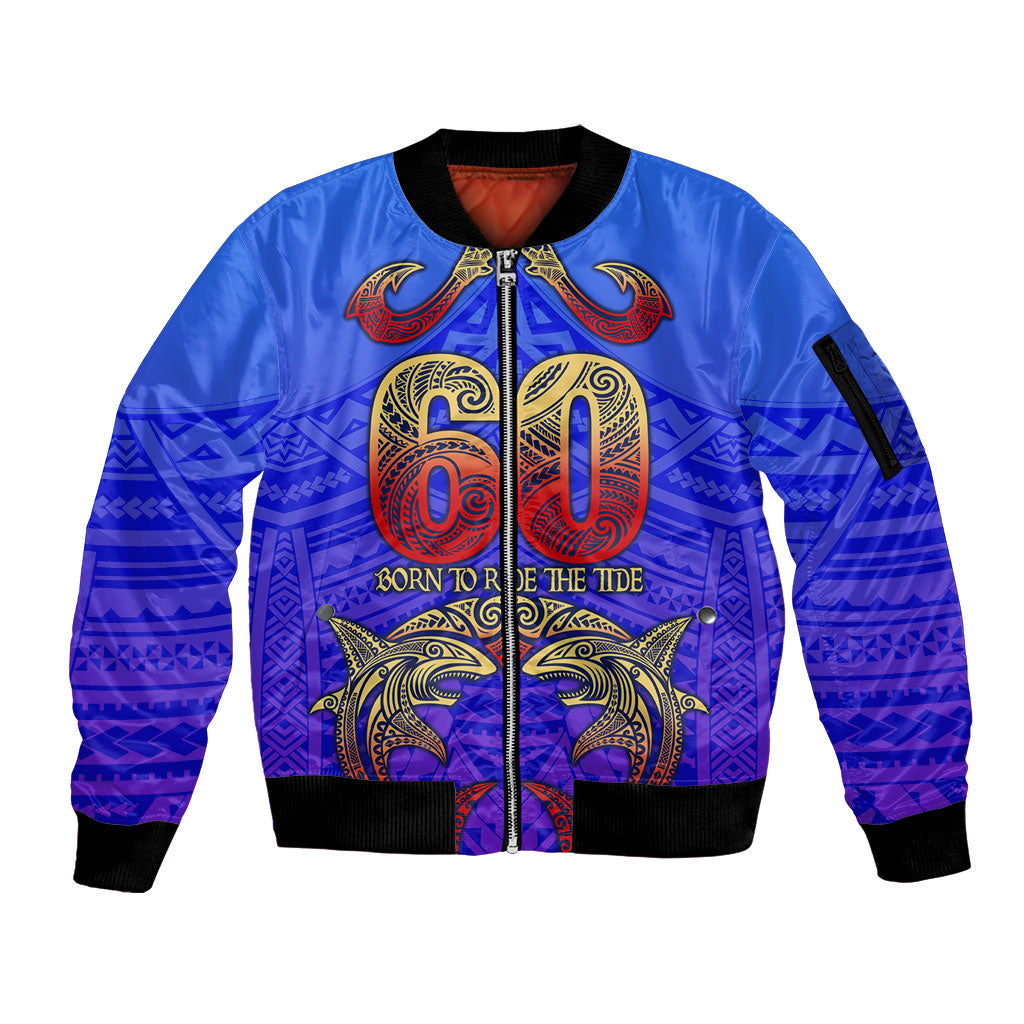 Personalized Polynesian 60th Birthday Sleeve Zip Bomber Jacket Polynesian Tribal Art Vintage Ocean Pattern TS04 Unisex Blue Yellow - Polynesian Pride