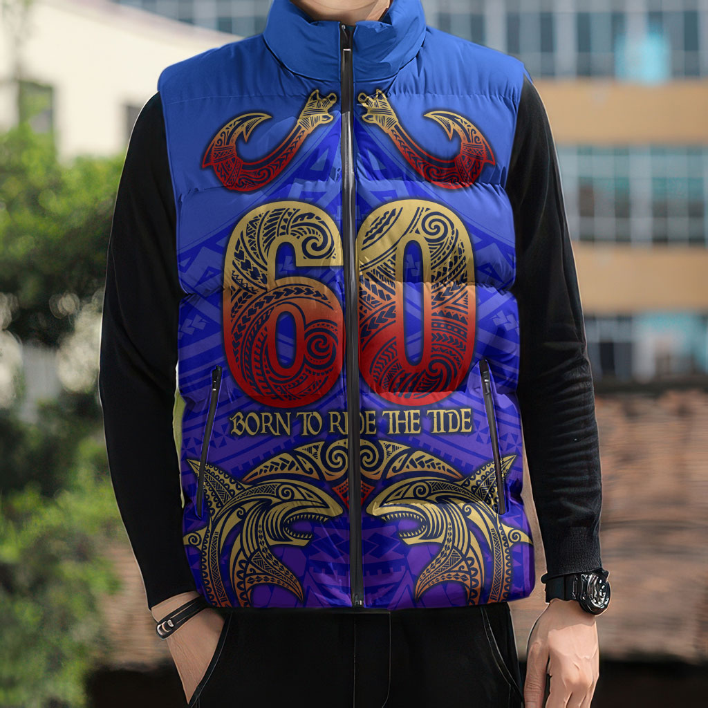 Personalized Polynesian 60th Birthday Sleeveless Puffer Jacket Polynesian Tribal Art Vintage Ocean Pattern TS04 - Polynesian Pride