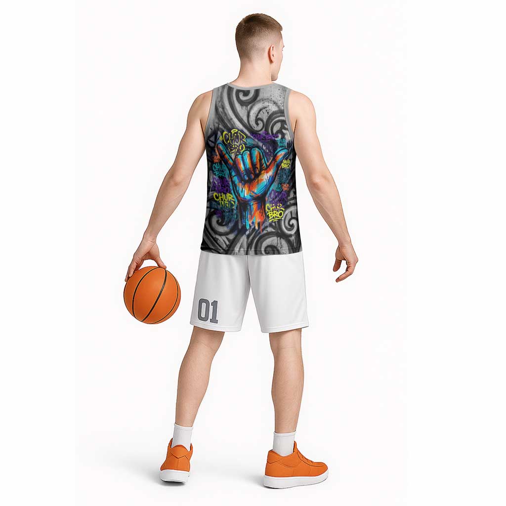 Chur Bro Shaka Sign Basketball Jersey New Zealand Koru Colorful Graffiti Splash TS04 - Polynesian Pride