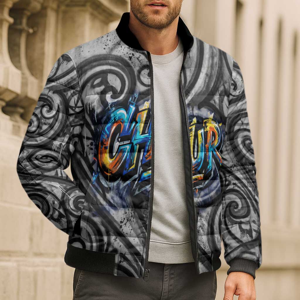 Chur Bro Shaka Sign Bomber Puffer Jacket New Zealand Koru Colorful Graffiti Splash