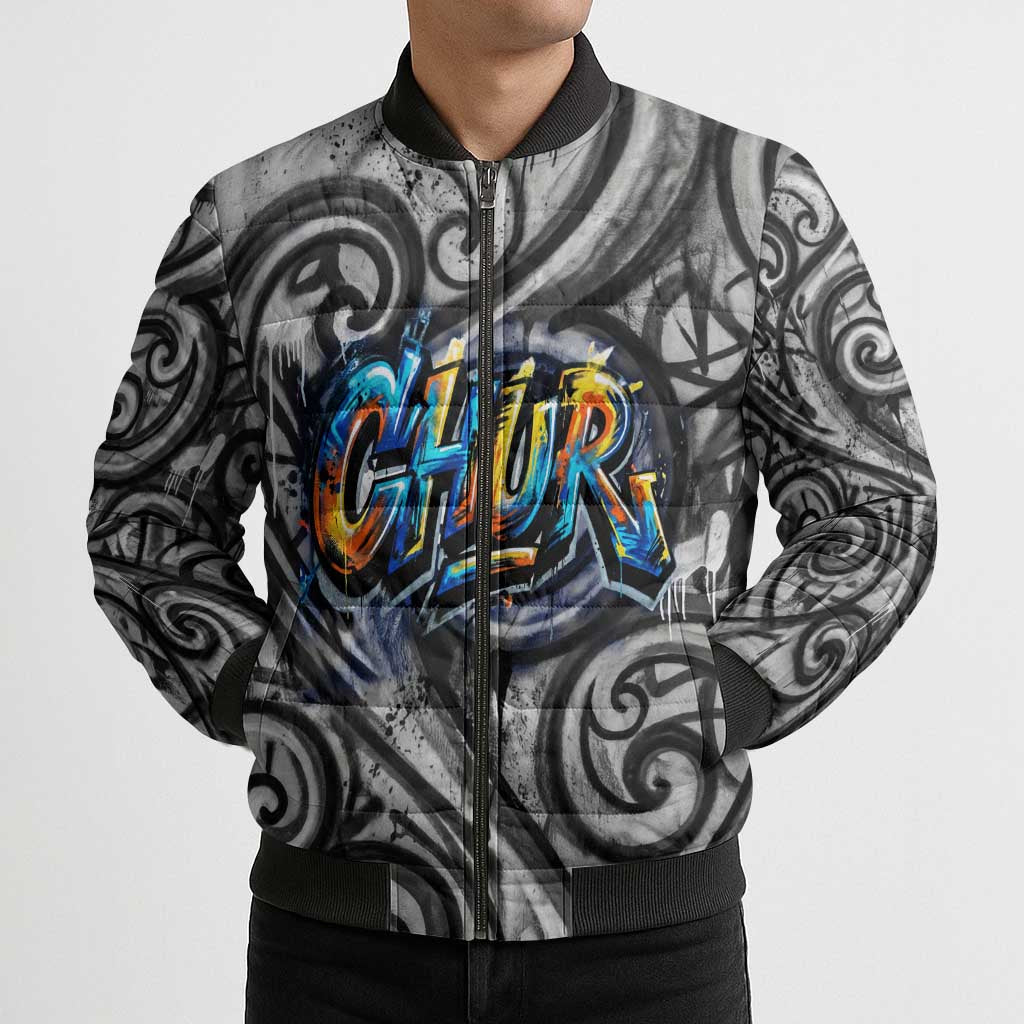 Chur Bro Shaka Sign Bomber Puffer Jacket New Zealand Koru Colorful Graffiti Splash