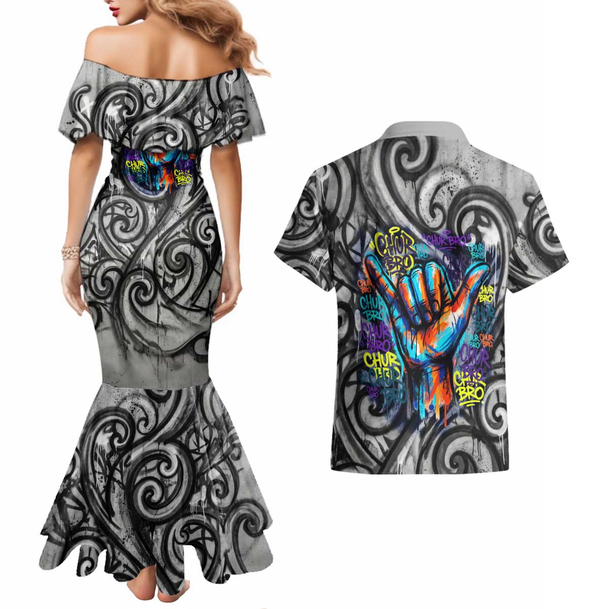 Chur Bro Shaka Sign Couples Matching Mermaid Dress and Hawaiian Shirt New Zealand Koru Colorful Graffiti Splash