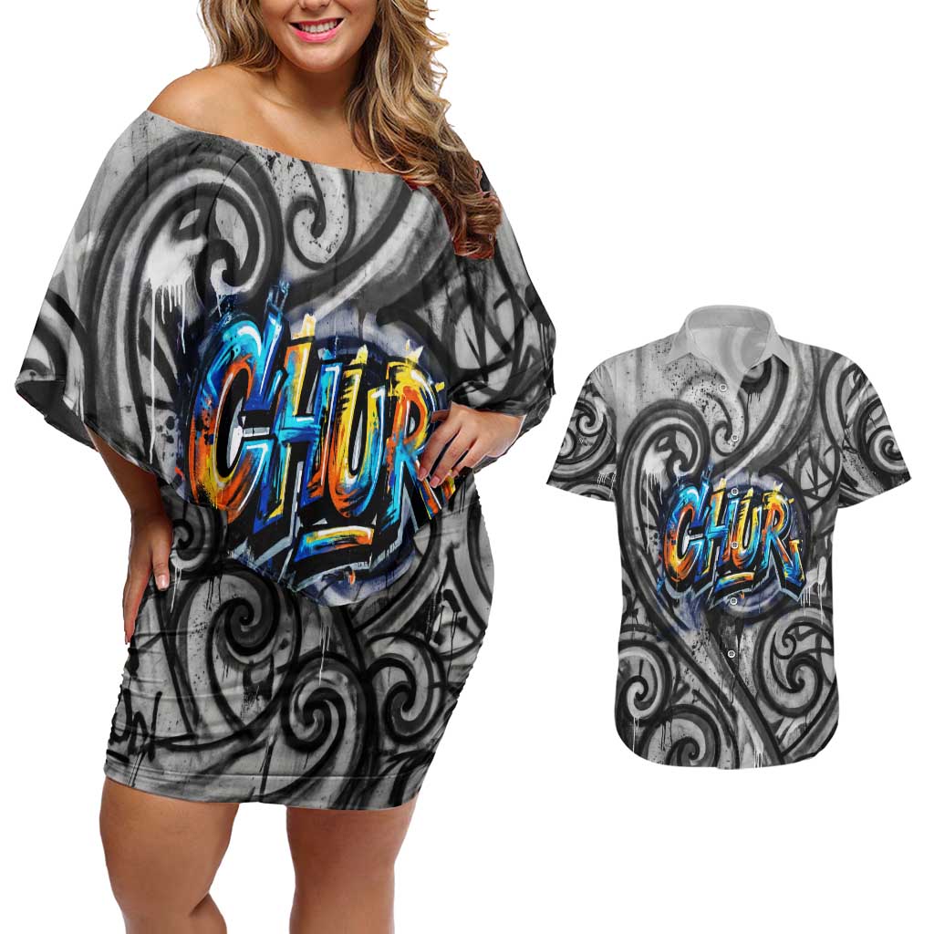 Chur Bro Shaka Sign Couples Matching Off Shoulder Short Dress and Hawaiian Shirt New Zealand Koru Colorful Graffiti Splash