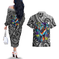 Chur Bro Shaka Sign Couples Matching Off The Shoulder Long Sleeve Dress and Hawaiian Shirt New Zealand Koru Colorful Graffiti Splash TS04 - Polynesian Pride