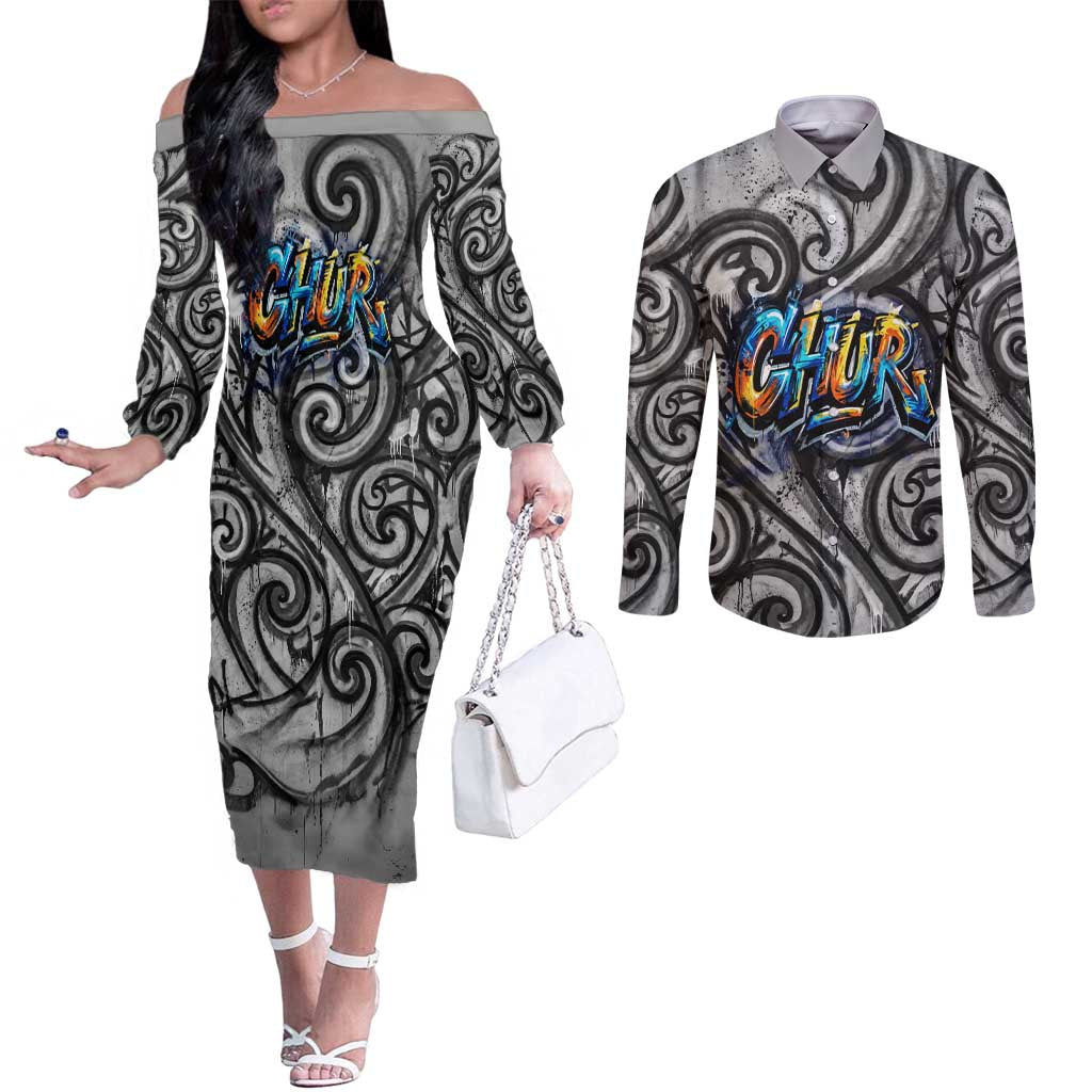 Chur Bro Shaka Sign Couples Matching Off The Shoulder Long Sleeve Dress and Long Sleeve Button Shirt New Zealand Koru Colorful Graffiti Splash TS04 Multicolor - Polynesian Pride