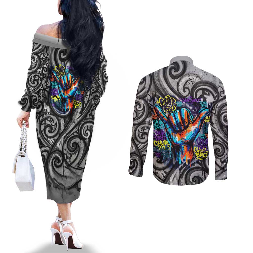 Chur Bro Shaka Sign Couples Matching Off The Shoulder Long Sleeve Dress and Long Sleeve Button Shirt New Zealand Koru Colorful Graffiti Splash