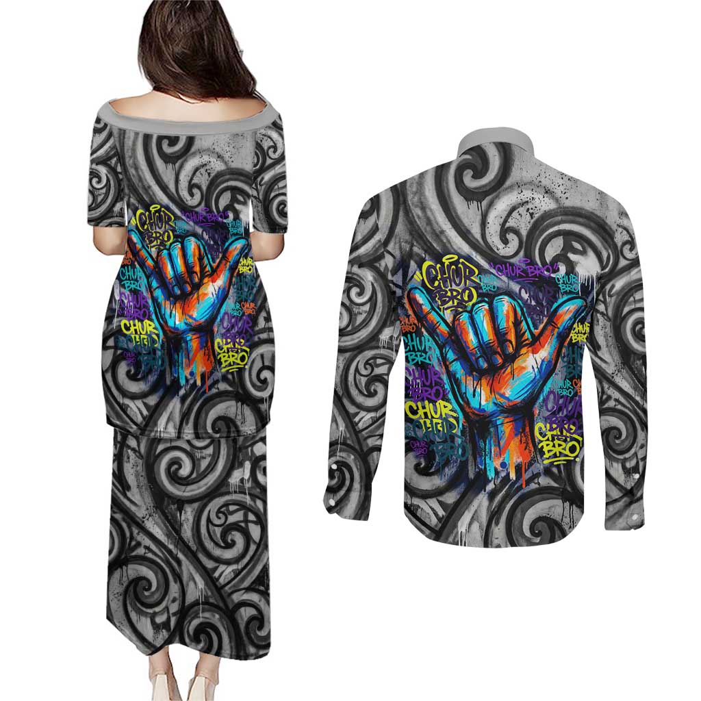 Chur Bro Shaka Sign Couples Matching Puletasi and Long Sleeve Button Shirt New Zealand Koru Colorful Graffiti Splash TS04 - Polynesian Pride