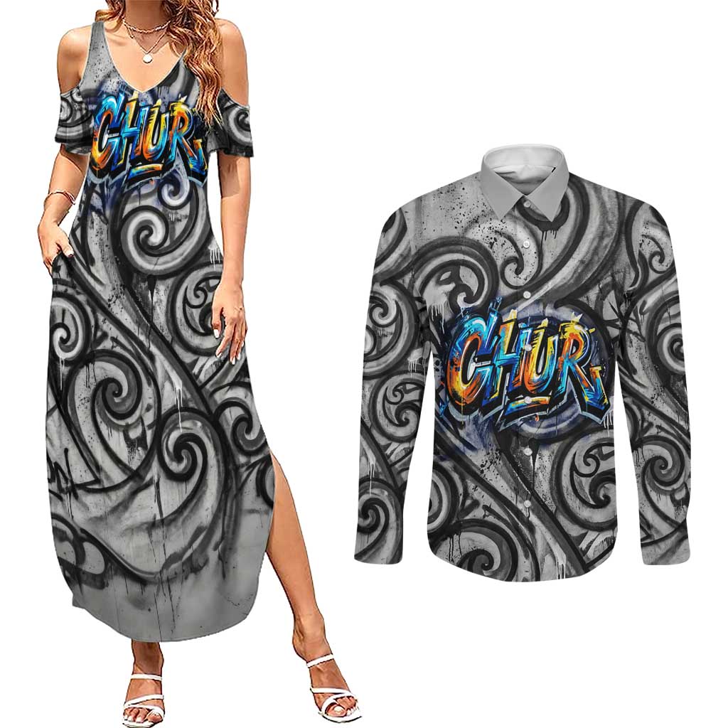 Chur Bro Shaka Sign Couples Matching Summer Maxi Dress and Long Sleeve Button Shirt New Zealand Koru Colorful Graffiti Splash TS04 Multicolor - Polynesian Pride